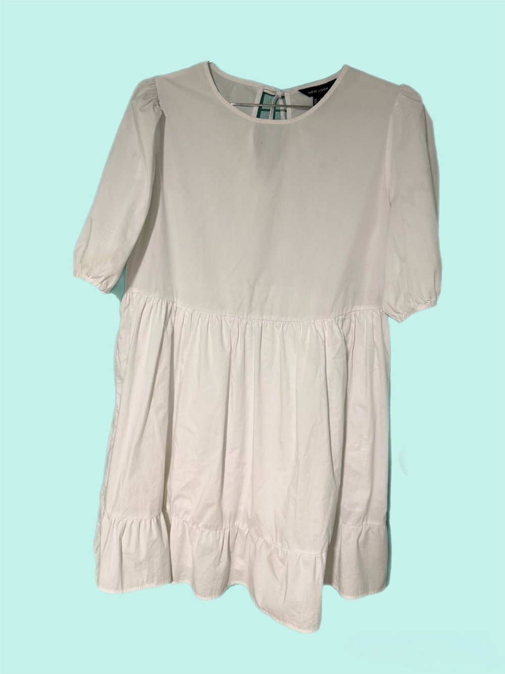 New Look White Cotton Blend Babydoll Mini Dress Puff Sleeve Tie Keyhole Sz 12